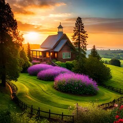 sunset over the house in the countryside