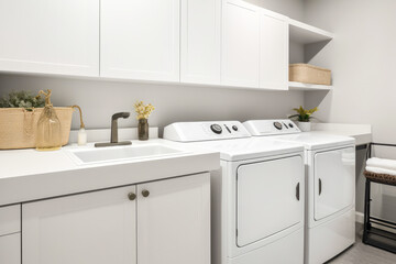 Laundry room with top loading washers in a modern style, minimalist design, white walls, copy space. High quality generative ai