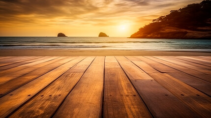 Empty wooden floor with tropical sunset beach background. Generative AI