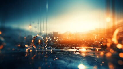 Abstract Modern Background Art in Blue and Orange Bokeh with Glass and Droplets Backlit by Golden Hour Sun, AI Generative