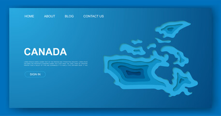 Canada 3d paper cut website template. Canada map paper cut out illustration. Country map symbol for landing page, advertising page.