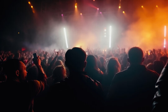 Silhouettes of concert crowd in front of bright stage lightsGeneratie AI