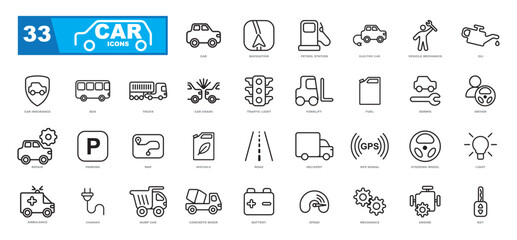 Linear car icons set. Thin line icons set. Flat icon collection set. Simple vector icons