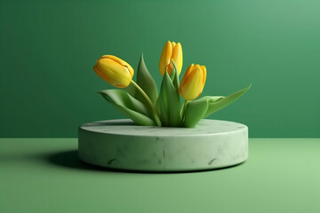 Display podium, green background, yellow tulip flower, stone. Nature blossom minimal pedestal for beauty, cosmetic product presentation. Summer & spring mockup. Generative ai.