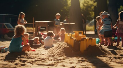 Spielende Kinder im Sandkasten am Sonnigen Tag mit Spielzeug und anderen Kindern die Spaß haben - obrazy, fototapety, plakaty