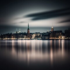 Fototapeta na wymiar Imaginary Hamburg, city skyline across Elster with reflection, AI generative