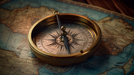 Fototapeta na wymiar Old Antique Compass on a Paper Map Blue Gold background wallpaper, Goals Objectives Purpose Why, True North, Organizational Alignmen. Generative AI
