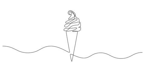 Ice cream in waffle cone in one continuous line drawing. Symbol dessert gelato for menu and business card design in simple linear style. Editable stroke. Doodle contour vector illustration