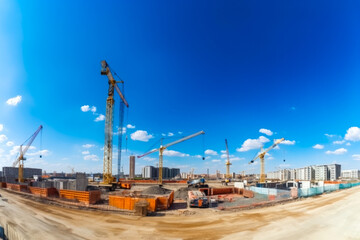 Fototapeta na wymiar Construction site in Dubai, United Arab Emirates, skyscrapers in the distance. Cranes on the site. Modern architecture. New world, new investments. Generative ai.