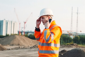 Engineer wearing a safety helmet and orange visibility vest while working on a construction site. Talking on the telephone. Generative ai.