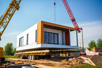 Construction of a new modern prefabricated house. Future proof building techniques, eco houses, self sufficient homes. Generative ai.
