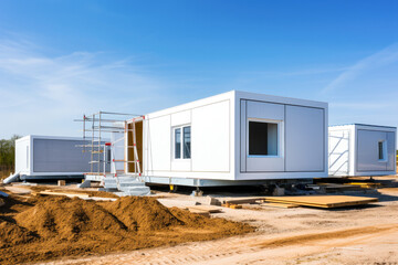 Construction of a new modern prefabricated house. Future proof building techniques, eco houses, self sufficient homes. Generative ai.
