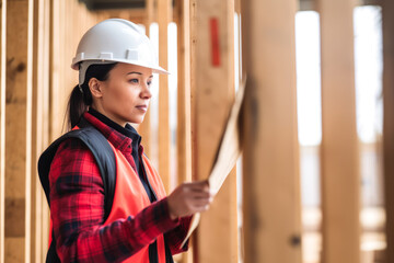Female carpenter or woodworker supervising construction. Female engineer wearing a helmet on a construction site. Generative ai. - obrazy, fototapety, plakaty