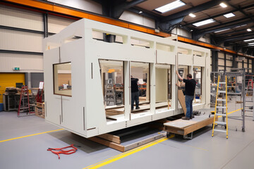 Workers assembling prefabricated house in the factory. Workers behind construction of a contemporary and self sufficient home. Future proof. Generative ai.