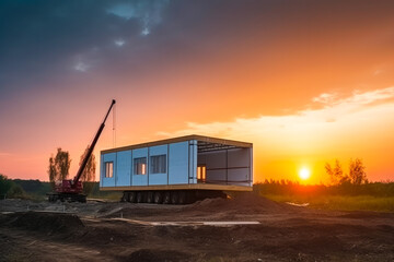 Fototapeta na wymiar Construction of a new modern prefabricated house. Future proof building techniques, eco houses, self sufficient homes. Generative ai.