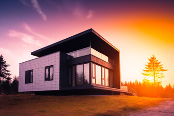 Modern prefabricated house at sunset. Contemporary living ideas. Smart and self sufficient home. Generative ai.