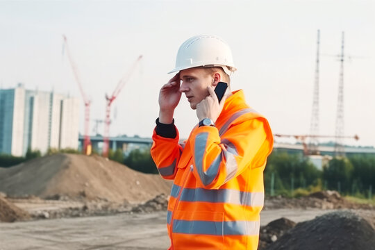 Engineer wearing a safety helmet and orange visibility vest while working on a construction site. Talking on the telephone. Generative ai.