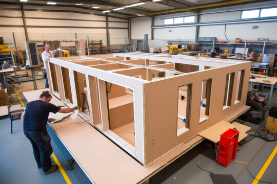 Workers assembling prefabricated house in the factory. Workers behind construction of a contemporary and self sufficient home. Future proof. Generative ai.