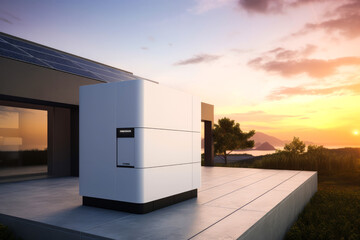 Home battery with modern house in the background. Contemporary architecture, smart home, self sufficient home. Generative ai.