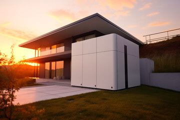 Home battery with modern house in the background. Contemporary architecture, smart home, self sufficient home. Generative ai.