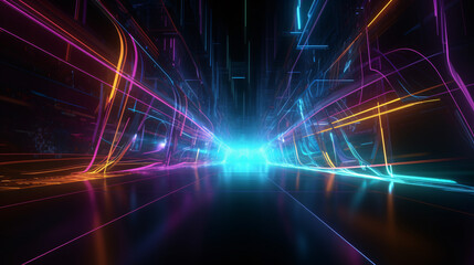 futuristic cyber space tunnel with RGB lighting super speed zooming in created with generative ai