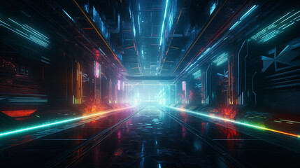 Fototapeta premium futuristic cyber space tunnel with RGB lighting super speed zooming in created with generative ai