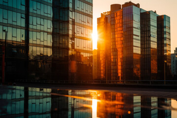 Fototapeta na wymiar Sun reflecting in the tall skyscrapers in metropolitan area. Business district of a major world capital city. Generative ai.