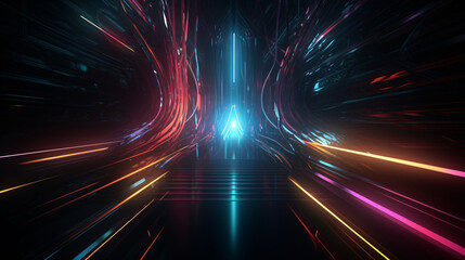 Fototapeta na wymiar futuristic cyber space tunnel with RGB lighting super speed zooming in created with generative ai