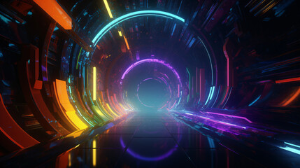 Obraz premium futuristic cyber space tunnel with RGB lighting super speed zooming in created with generative ai