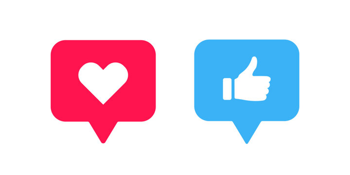 Like icon. Love symbol. Heart signs. Social symbols. Thumb up icons. Blue, red color. Vector sign.