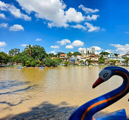 Guarulhos, Sao Paulo, Brazil - April 17, 2023. Panoramic view of the duck pond. Located in the city of Guarulhos. With the head of the duck-shaped pedal boat being displayed.