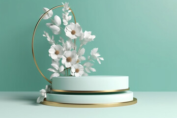 Display podium, pastel green background. Nature-inspired beauty mockup. Summer and spring feminine template. Generative ai.