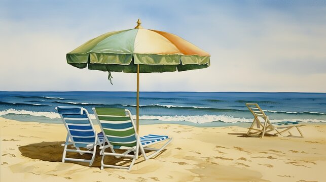 A beach scene with a parasol and beach chairs. Generative AI