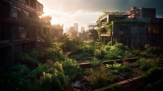 The last remains of us. The post-apocalyptic view of the ruins of a destroyed city overgrown by plants. Generative AI