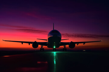 Fototapeta na wymiar airplane silhouette on neon sunset background. AI