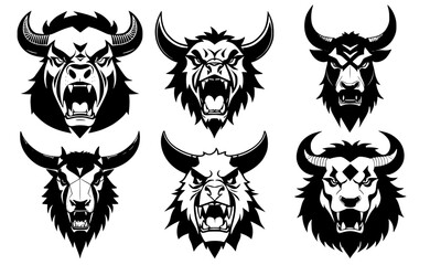 Set of horned bull heads with open mouth and bared fangs, with different angry expressions of the muzzle. Symbols for tattoo, emblem or logo, isolated on a white background.