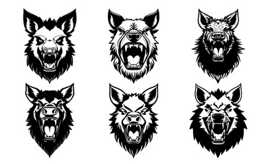 Set of boar heads with open mouth and bared fangs, with different angry expressions of the muzzle. Symbols for tattoo, emblem or logo, isolated on a white background.