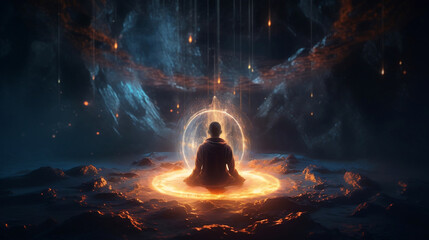 illustration of meditating person with detailed energy field. Generative ai.