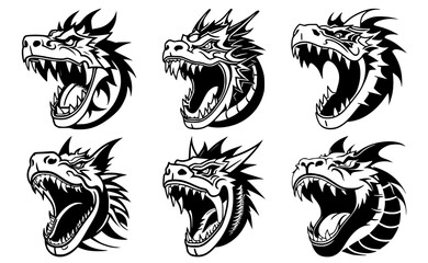 Set of China dragon heads with open mouth and bared fangs, with different angry expressions of the muzzle. Symbols for tattoo, emblem or logo, isolated on a white background.
