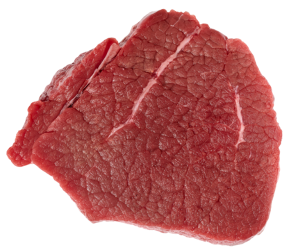 Round raw beef steak on a white isolated background