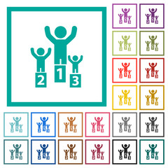 Winners on the podium flat color icons with quadrant frames