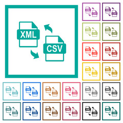 XML CSV file conversion flat color icons with quadrant frames