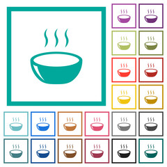 Glossy steaming bowl flat color icons with quadrant frames