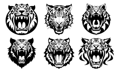 Set of tiger heads with open mouth and bared fangs, with different angry expressions of the muzzle. Symbols for tattoo, emblem or logo, isolated on a white background.