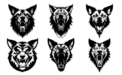 Set of dog heads with open mouth and bared fangs, with different angry expressions of the muzzle. Symbols for tattoo, emblem or logo, isolated on a white background.