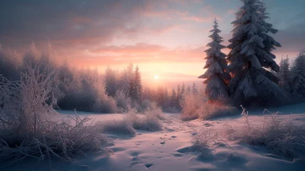 Fotobehang Winter sunset in a winter wonderland landscape with plenty of snow and snow covered trees. Generative AI © Fantastic