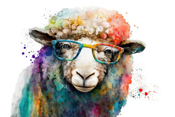 Generative AI. Funny sheep with glasses, animal portrait. Watercolor illustration. Farm animal.