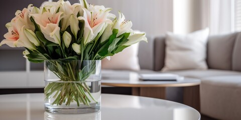 A vibrant fresh - smelling bouquet of flowers in a sparkling clean vase adds a touch of beauty and life to an immaculate living space, concept of Aesthetics, created with Generative AI technology