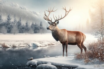Naklejka na ściany i meble Noble Deer male in winter snow forest Generative AI