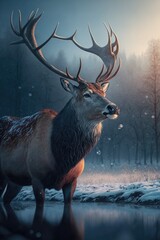 Noble Deer male in winter snow forest Generative AI